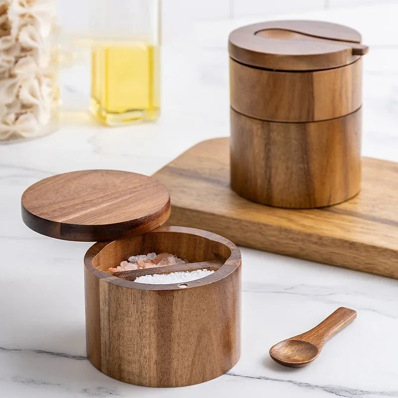 Acacia Wood Salt/Pepper Box With Magnetic Rotating Lid