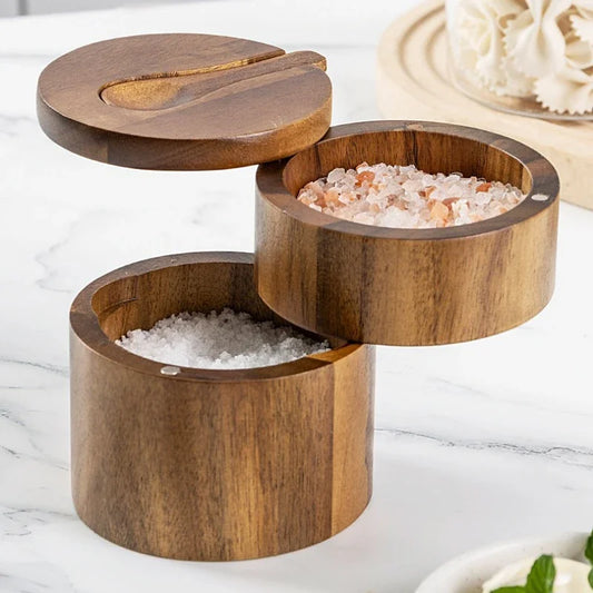 Acacia Wood Salt/Pepper Box With Magnetic Rotating Lid